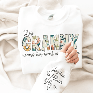 Christmas Gift for Granny Custom Sweatshirt for Granny I Wear My Heart On My Sleeve Grandma Sweatshirt with Grandkids Names on Sleeve 2