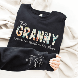 Christmas Gift for Granny Custom Sweatshirt for Granny I Wear My Heart On My Sleeve Grandma Sweatshirt with Grandkids Names on Sleeve 3