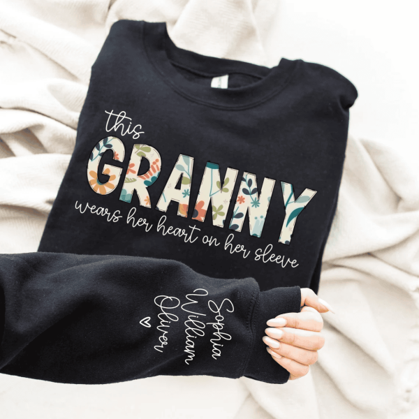 Christmas Gift for Granny Custom Sweatshirt for Granny I Wear My Heart On My Sleeve Grandma Sweatshirt with Grandkids Names on Sleeve 3