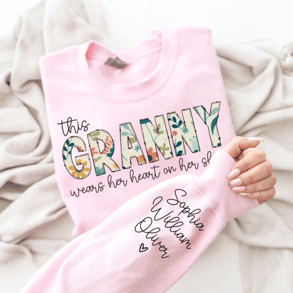 Christmas Gift for Granny Custom Sweatshirt for Granny I Wear My Heart On My Sleeve Grandma Sweatshirt with Grandkids Names on Sleeve 4