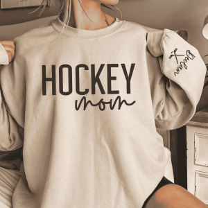 Custom Hockey Mom Sweatshirt with Name on Sleeve, Personalized Mom Sweater, Game Day Shirt, Crewneck, Mothers Day Gift