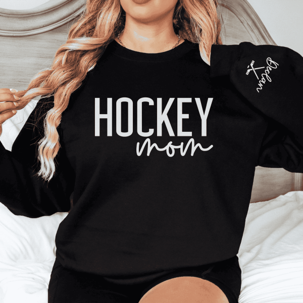 CUSTOM Hockey Mom Sweatshirt with Name on Sleeve Ice Hockey Mama Sweater Personalized Hockey Gift Game Day Crewneck Goalie Mom Hoodie 2