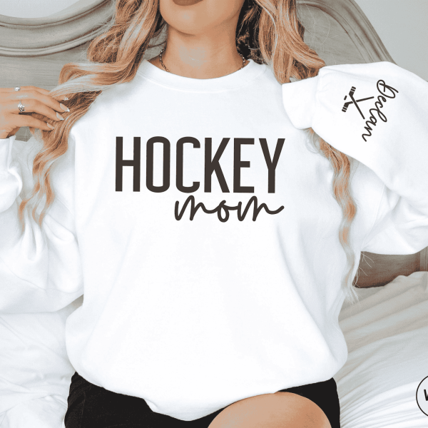 CUSTOM Hockey Mom Sweatshirt with Name on Sleeve Ice Hockey Mama Sweater Personalized Hockey Gift Game Day Crewneck Goalie Mom Hoodie34