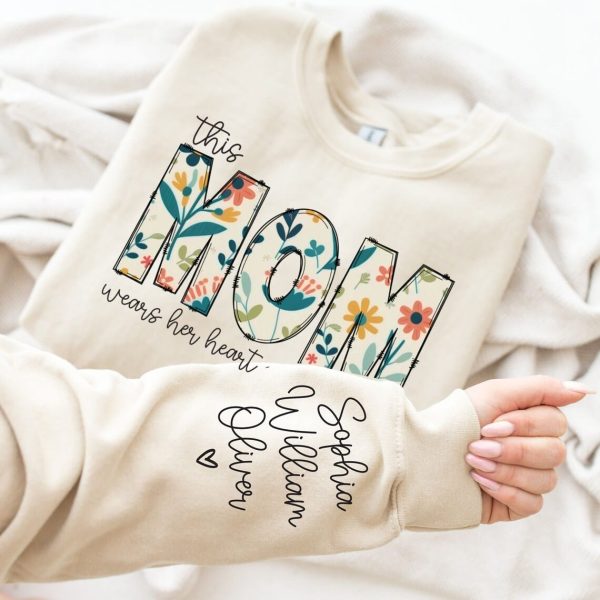 Custom Sweatshirt for Mom Christmas Gift for Mom I Wear My Heart On My Sleeve Mom Sweatshirt with kids Name on Sleeve Gift for Her 1