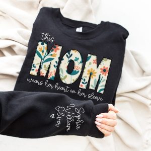 Custom Sweatshirt for Mom Christmas Gift for Mom I Wear My Heart On My Sleeve Mom Sweatshirt with kids Name on Sleeve Gift for Her 2