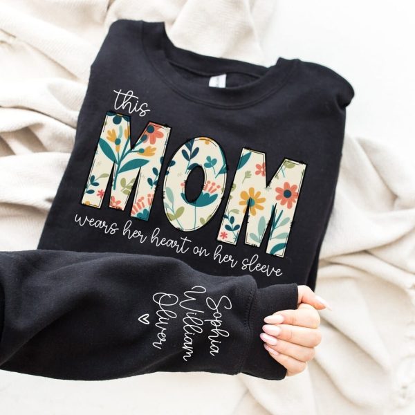 Custom Sweatshirt for Mom Christmas Gift for Mom I Wear My Heart On My Sleeve Mom Sweatshirt with kids Name on Sleeve Gift for Her 2