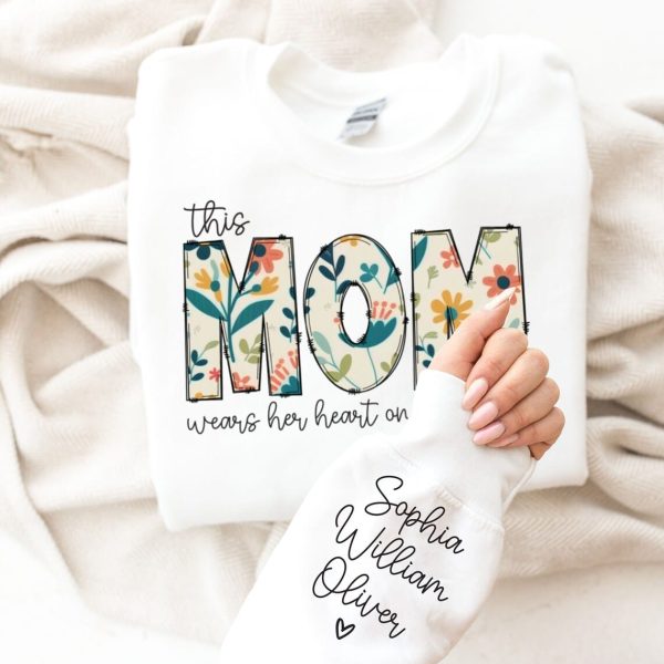 Custom Sweatshirt for Mom Christmas Gift for Mom I Wear My Heart On My Sleeve Mom Sweatshirt with kids Name on Sleeve Gift for Her 4