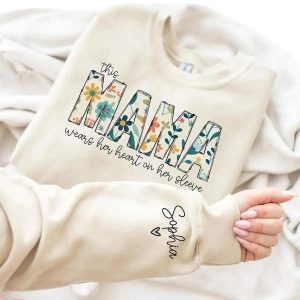 Custom Sweatshirt for Mama, Christmas Gift for Mama, I Wear My Heart On My Sleeve, Mama Sweatshirt with Kids Name on Sleeve