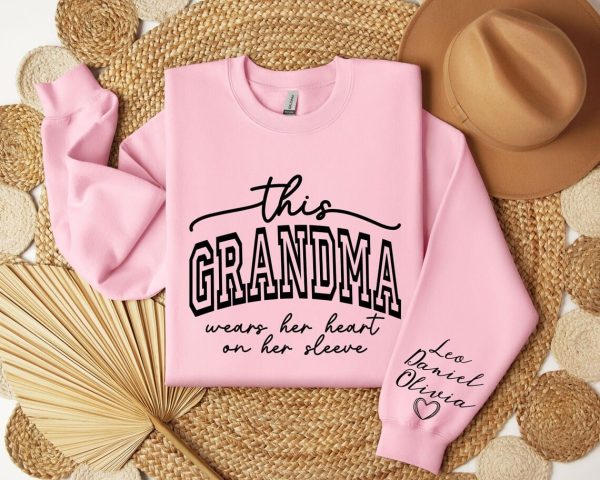 Custom This Grandma Wears Her Heart On Her Sleeve Sweatshirt Shirt with Names On Sleeve Mommy Heart Hoodie Mothers Day Gift 2