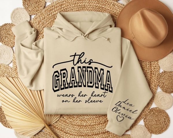 Custom This Grandma Wears Her Heart On Her Sleeve Sweatshirt Shirt with Names On Sleeve Mommy Heart Hoodie Mothers Day Gift 3
