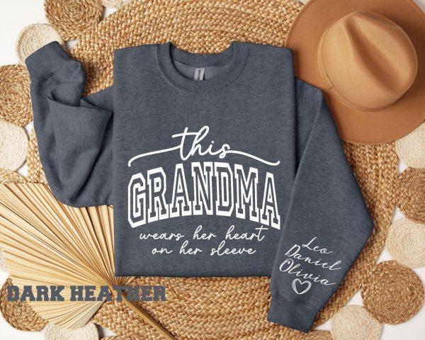 Custom This Grandma Wears Her Heart On Her Sleeve Sweatshirt Shirt with Names On Sleeve Mommy Heart Hoodie Mothers Day Gift 4