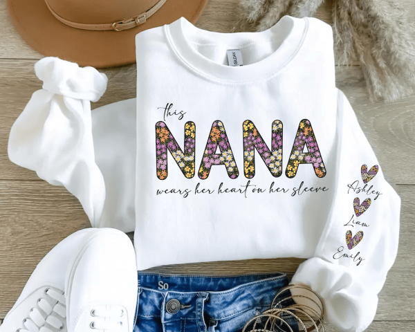 Custom This Mama Wears Her Heart On Her Sleeve Sweatshirt Personalized Mom Sweatshirt With Kids Names Grandma Shirt with Names On Sleeve 1
