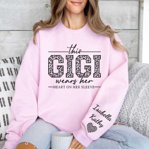 Custom Gigi Sweatshirt, Custom Grandma Gift, This Gigi Wears Her Heart On Her Sleeve Sweater, With Kids' Names On Sleeve, Gigi Gift on Mother's Day