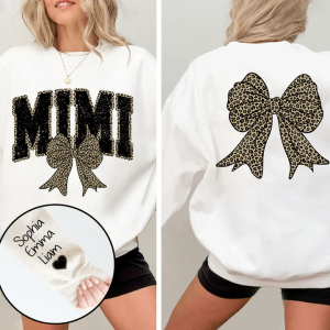 Black Mimi Leopard Bow Personalized Sweatshirt With Design On Sleeve Gift For Grandma Mom Wife NH96 1 1