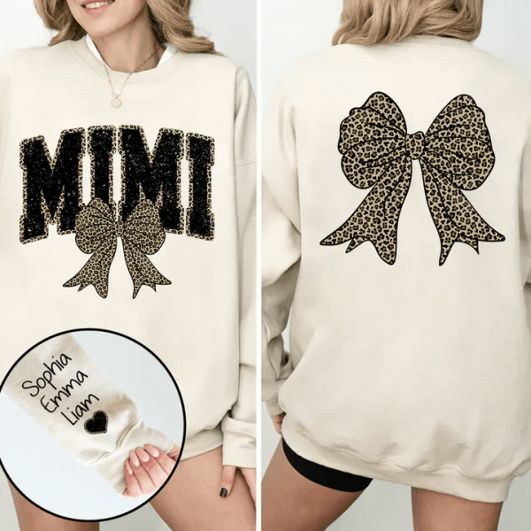 Black Mimi Leopard Bow Personalized Sweatshirt With Design On Sleeve Gift For Grandma Mom Wife NH96 2 1