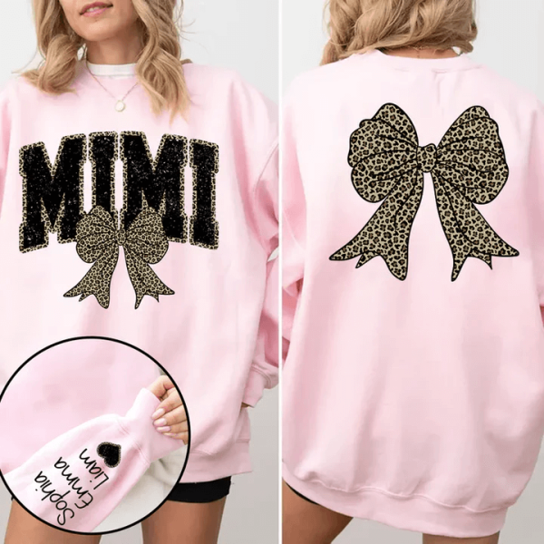 Black Mimi Leopard Bow Personalized Sweatshirt With Design On Sleeve Gift For Grandma Mom Wife NH96 3 1