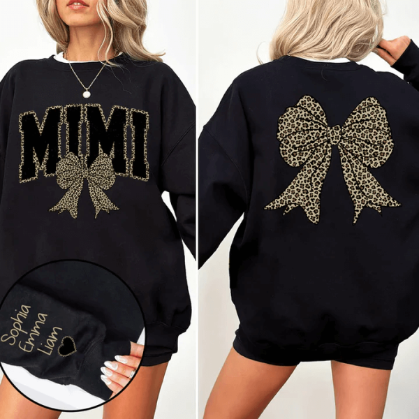 Black Mimi Leopard Bow Personalized Sweatshirt With Design On Sleeve Gift For Grandma Mom Wife NH96 4 1