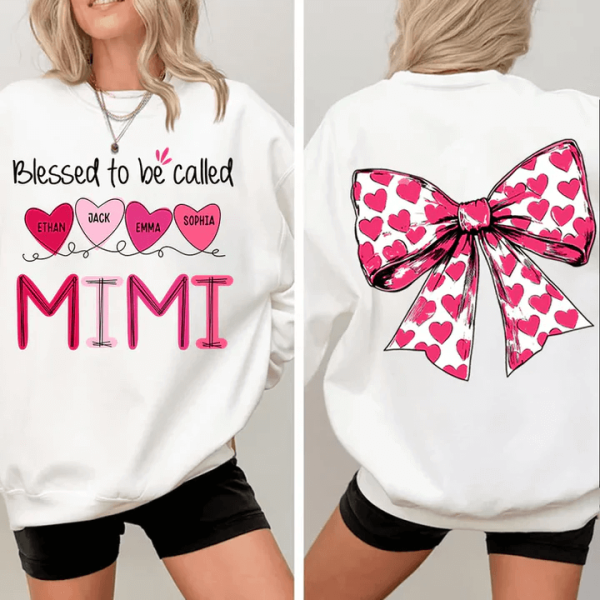 Blessed To Be Called Mimi Heart Bow Personalized Sweatshirt With Design On Sleeve Meaningful Gifts For Grandma Mom Wife Custom Sleeve NH96 1 1