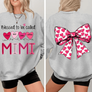 Blessed To Be Called Mimi Heart Bow Personalized Sweatshirt With Design On Sleeve Meaningful Gifts For Grandma Mom Wife Custom Sleeve NH96 2 1