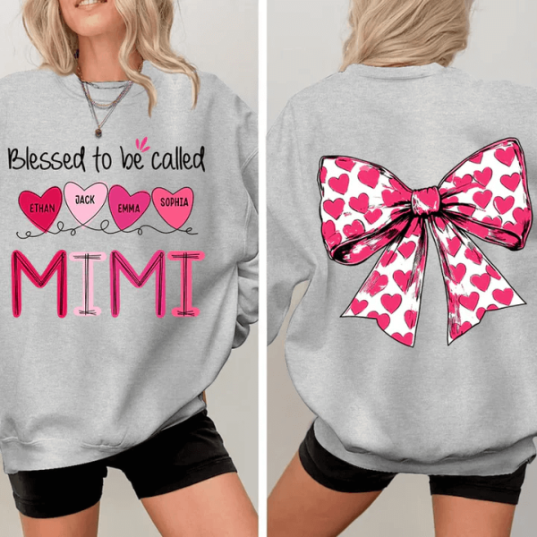 Blessed To Be Called Mimi Heart Bow Personalized Sweatshirt With Design On Sleeve Meaningful Gifts For Grandma Mom Wife Custom Sleeve NH96 2 1