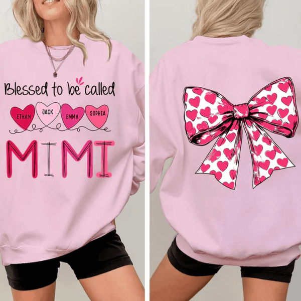 Blessed To Be Called Mimi Heart Bow Personalized Sweatshirt With Design On Sleeve Meaningful Gifts For Grandma Mom Wife Custom Sleeve NH96 3 1