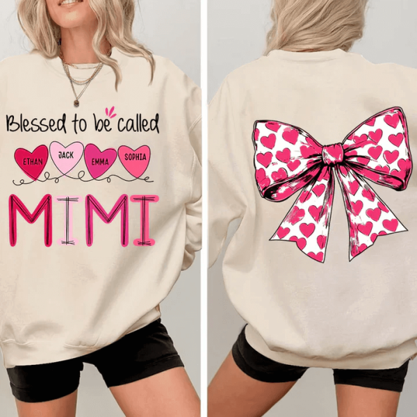 Blessed To Be Called Mimi Heart Bow Personalized Sweatshirt With Design On Sleeve Meaningful Gifts For Grandma Mom Wife Custom Sleeve NH96 4 1