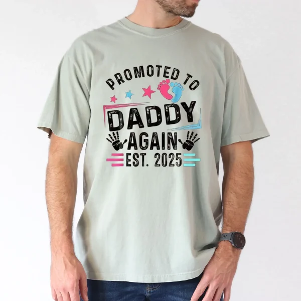 Casual Cotton T Shirt with Promoted to Daddy Again Est. 2025 Print Crew Neck Short Sleeve Regular Fit All Season Knit Fabric Tee for Daily Casual Wear 220gm2 1