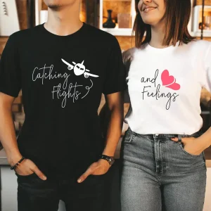 Couple Matching T-Shirt With Catching Flights and Feelings Print Design, The Best Family Matching Gift