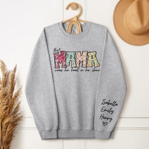 Custom Mama Sweatshirt with Kid Name This Mama Wear Her Heart On Her Sleeve Sweatshirt Personalized Mom Shirt With Names Mothers Day Gift 2