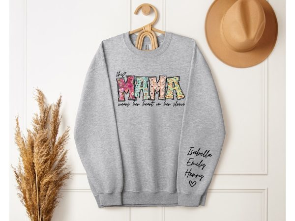 Custom Mama Sweatshirt with Kid Name This Mama Wear Her Heart On Her Sleeve Sweatshirt Personalized Mom Shirt With Names Mothers Day Gift 2
