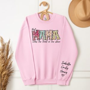 Custom Mama Sweatshirt with Kid Name This Mama Wear Her Heart On Her Sleeve Sweatshirt Personalized Mom Shirt With Names Mothers Day Gift 3