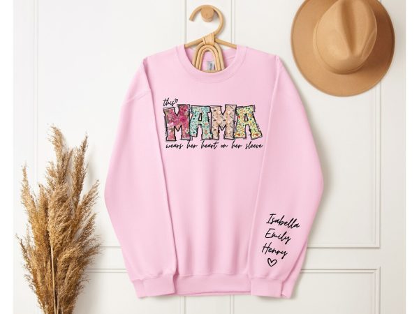 Custom Mama Sweatshirt with Kid Name This Mama Wear Her Heart On Her Sleeve Sweatshirt Personalized Mom Shirt With Names Mothers Day Gift 3