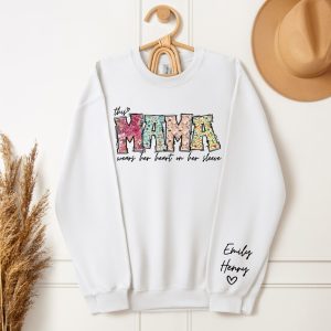 Custom Mama Sweatshirt with Kid Name This Mama Wear Her Heart On Her Sleeve Sweatshirt Personalized Mom Shirt With Names Mothers Day Gift 4