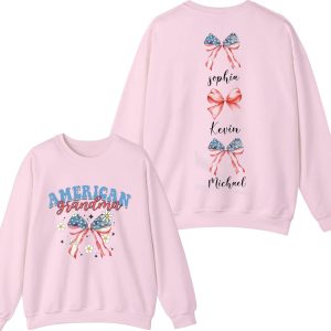 Custom Mom Sweatshirt American Mama Hoodie Coquette Ribbon Tee USA Flag Bow Hoodie Kids Names Tee July 4th 2 Sided Tee Mothers Day Tee 3 1