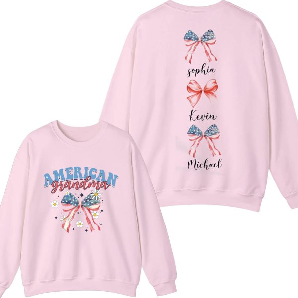 Custom Mom Sweatshirt American Mama Hoodie Coquette Ribbon Tee USA Flag Bow Hoodie Kids Names Tee July 4th 2 Sided Tee Mothers Day Tee 3 1