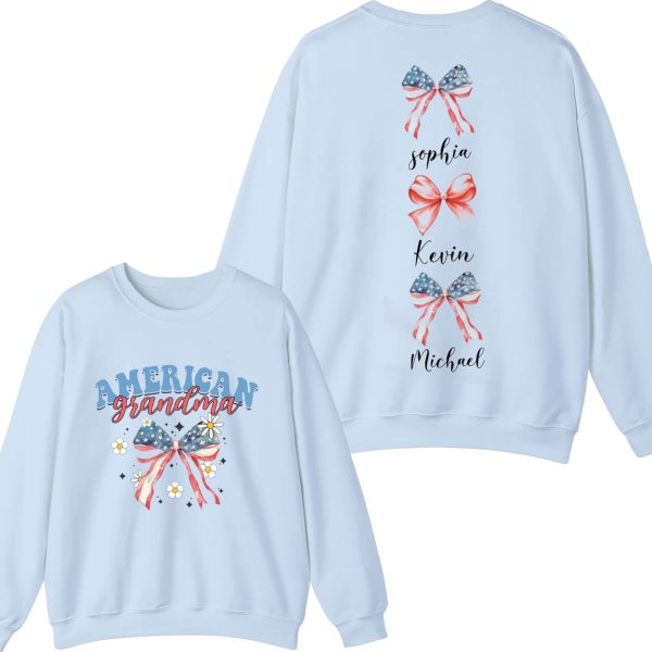Custom Mom Sweatshirt American Mama Hoodie Coquette Ribbon Tee USA Flag Bow Hoodie Kids Names Tee July 4th 2 Sided Tee Mothers Day Tee 5 1