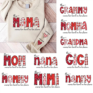Custom This Mama Wears Her Heart On Her Sleeve Shirt, Mama Heart Coquette Bow, Gift for Mother's Day