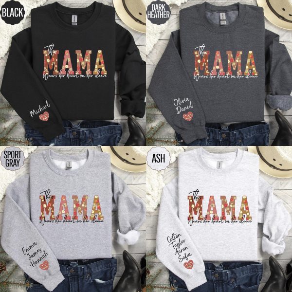 Custom This Mama Wears Her Heart on Her Sleeve Sweatshirt Floral Mama Sweatshirt Mothers Day Gift Personalized Mom Sweater With Kids Name 2