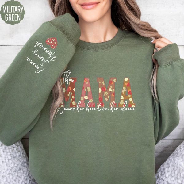 Custom This Mama Wears Her Heart on Her Sleeve Sweatshirt Floral Mama Sweatshirt Mothers Day Gift Personalized Mom Sweater With Kids Name 4
