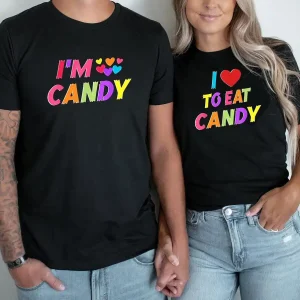 Couple Matching T-Shirt With I Candy and I To Eat Candy Print Design, The Best Family Matching Gift