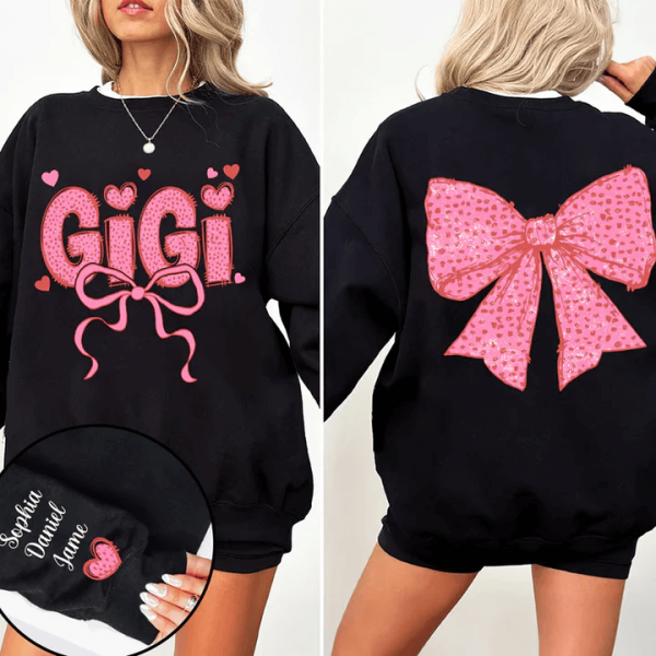 Gigi Nana And Kids Lovely Bow Personalized Sweatshirt With Design On Sleeve Meaningful Valentine Gifts For Grandma Mom Wife NH96 1 1