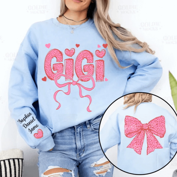 Gigi Nana And Kids Lovely Bow Personalized Sweatshirt With Design On Sleeve Meaningful Valentine Gifts For Grandma Mom Wife NH96 2 1