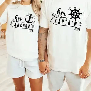 Couple Matching T-Shirt, Her Captain and His Anchor Print Design For Summer, Father's Day T-Shirt, The Best Family Matching Gift