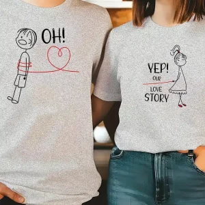 His & Hers Matching Couple T-Shirts - Casual Red Graphic Tees with Oh Oh & Yep! Love Story Print, Summer Outfit for Men and Women