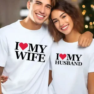I Love My Wife, I Love My Husband, Couple'S Letter Pattern T-Shirt, Newlywed Couple Gift, Matching Couple, Husband And Wife, Bride And Groom