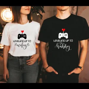 Couples Matching T-Shirt With Leveling Up To Wifey and Leveling Up To Hubby Print Design, The Best Family Matching Gift