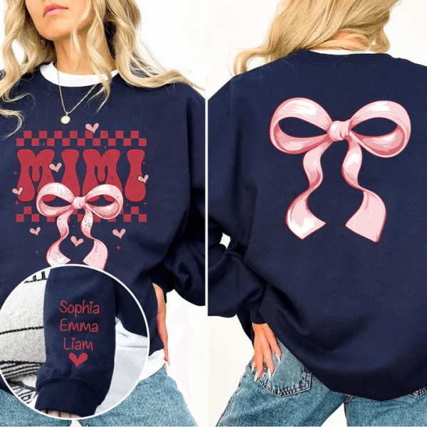 Mimi Bow Personalized Sweatshirt With Design On Sleeve Gift For Grandma Mom Wife Custom Sleeve NH96 1 1