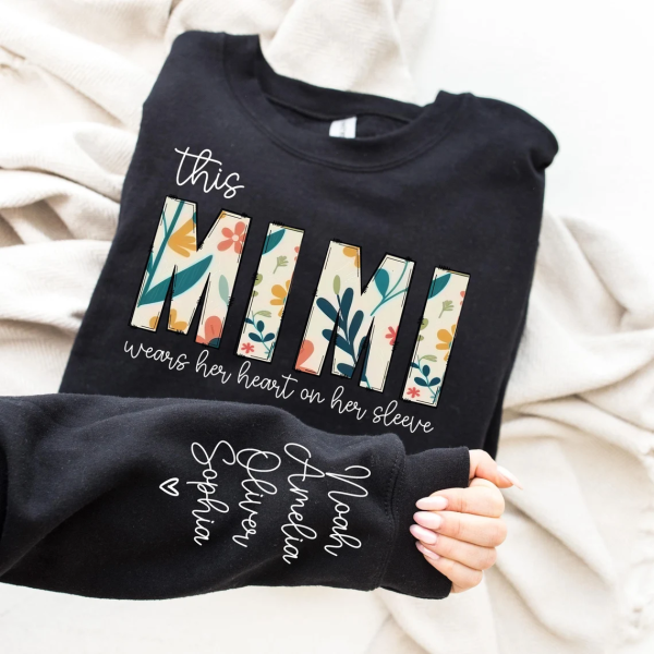 Mimi Gift Custom Christmas Gift for Mimi Sweatshirt I Wear My Heart On My Sleeve Kids Name on Sleeve Personalized Gift for Mimi Shirt 1