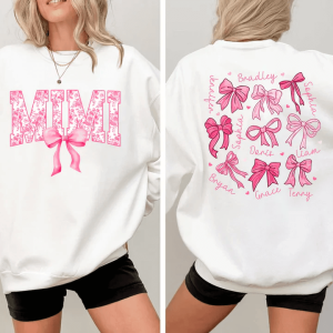 Mimi Pink Bow And Kids - Personalized Sweatshirt - Meaningful Gifts For Grandma, Mom, Wife Custom Sleeve