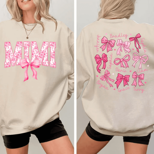 Mimi Pink Bow And Kids V2 Personalized Sweatshirt With Design On Sleeve Meaningful Gifts For Grandma Mom Wife Custom Sleeve NH96 2 1